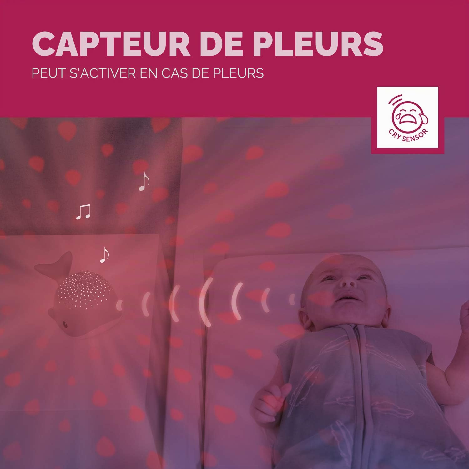 ZAZU Wally The Whale Projecteur de lumière pour bébé avec mélodies apaisantes | battements de cœur, son de l'océan ou musique de salon | Volume variable | Capteur de cri | Arrêt automatique