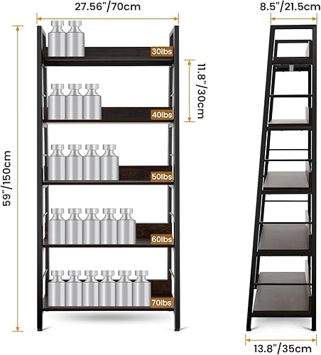 Miniatura 3 de Himimi Estantería de escalera, estantería industrial de 5 estantes, estantería de madera y metal, estante de flores para plantas, estantes de