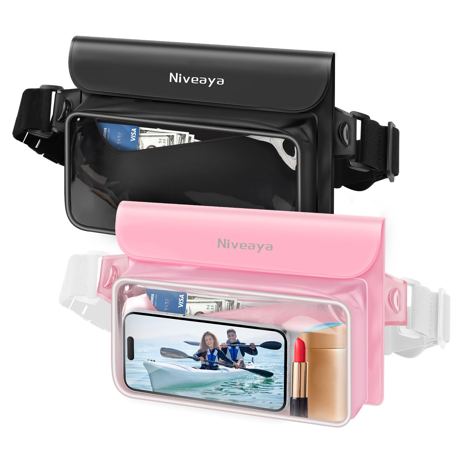 Niveaya IPX8 Waterproof Fanny Pack - 2 Pack, Floating Dry Bag Pouch, Phone Waterproof Waist Pouch Dry Bag, Beach, Kayaking, Swimming, Boat Essentials,