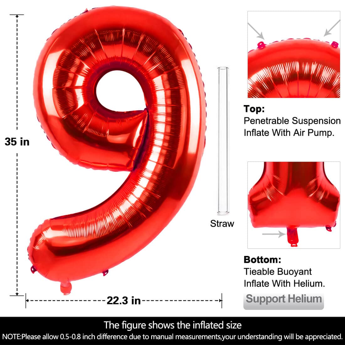 40 Inch Large Red Number 9 Balloon Extra Big Size Jumbo Digit Mylar Foil Helium Balloons for Birthday Party Celebration Decorations Graduations Wedding Anniversary Baby Shower Supplies Photo Shoot