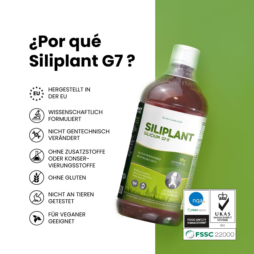 G7 Siliplant Verbesserte Formel. Silizium Flüssig auf Pflanzenbasis. Silizium Hochdosiert ideale für Knochen, Gelenke Vitamine, Haarvitamine und Nägeln. Erhöht die Elastizität der Haut. 33 Tage Kur.
