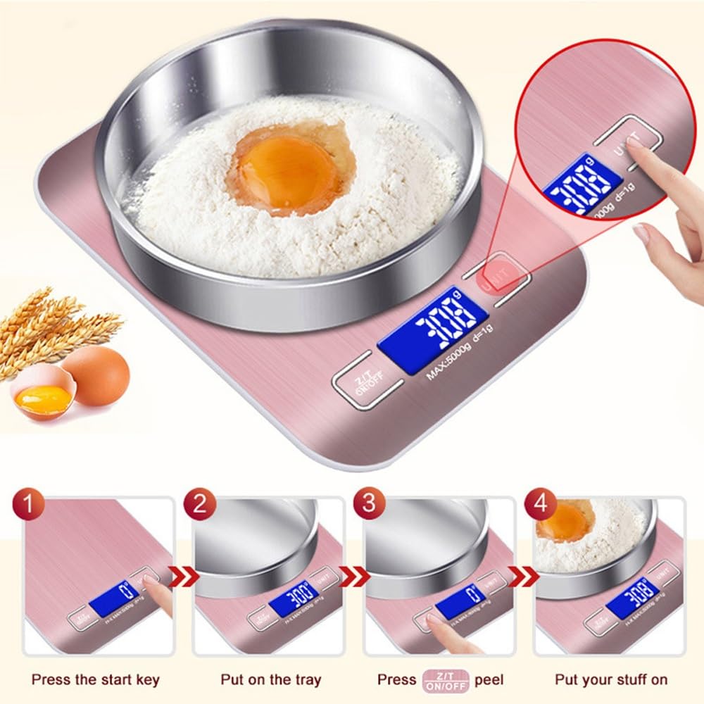 Báscula de Alimentos, báscula Digital de Cocina, Gramos y onzas de Peso for Hornear, cocinar y Preparar Comidas, 6 Unidades con función de Tara, Acero Inoxidable de fácil Limpieza(10kg/1g)