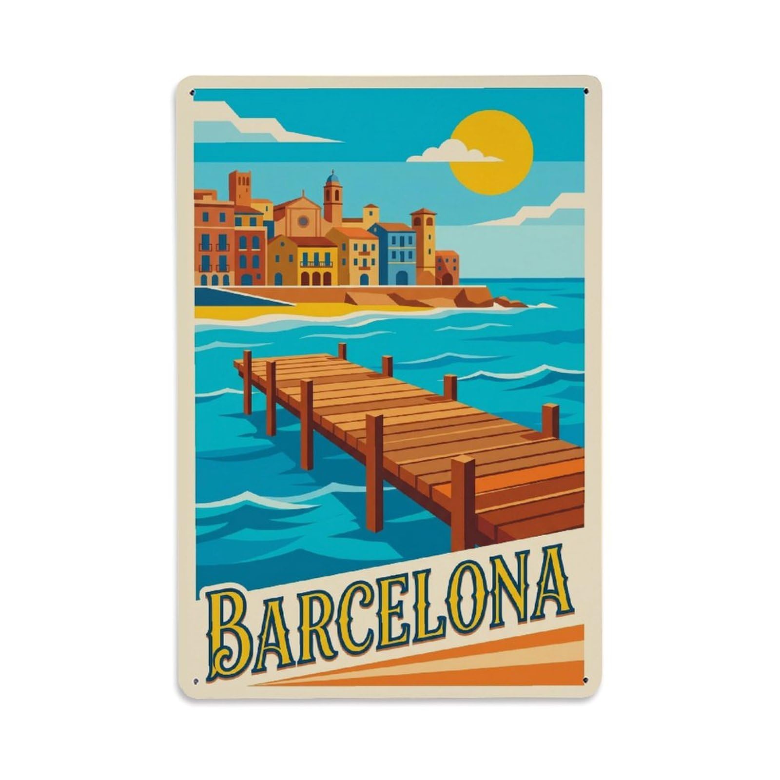 Vintage Travel Pier Spain Wooden Metal Tin Sign