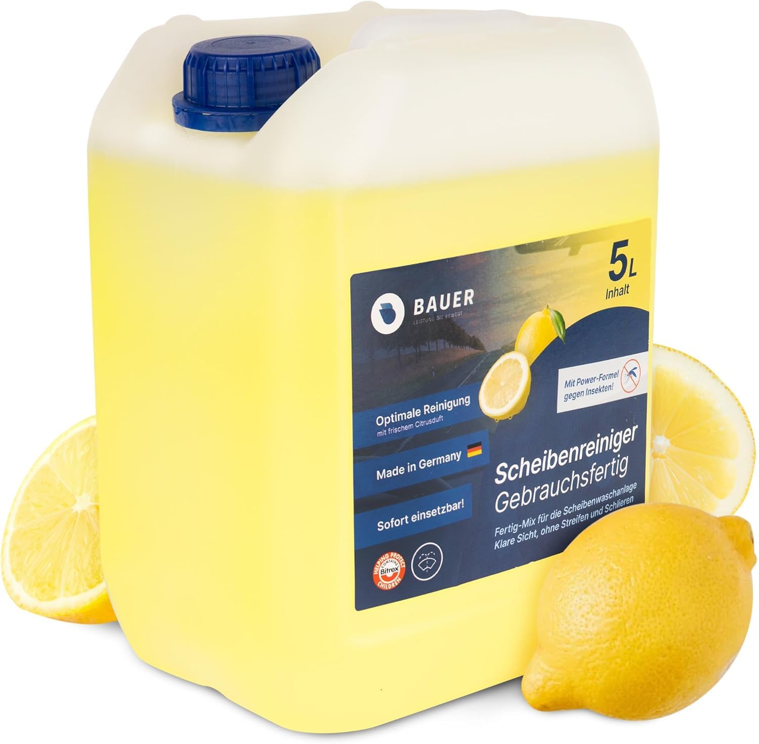 Scheibenwischwasser Sommer 4 x 5l gebrauchsfertig für Scheibenwaschanlage - Insektenentferner im Sommer - Mit Kalkschutz & frischem Citrusduft - Scheibenreiniger Made in Germany