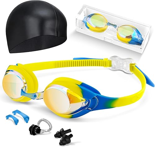 Gafas de natación para niños, antivaho y protección UV con gorro de natación para niños de 3 a 15 años