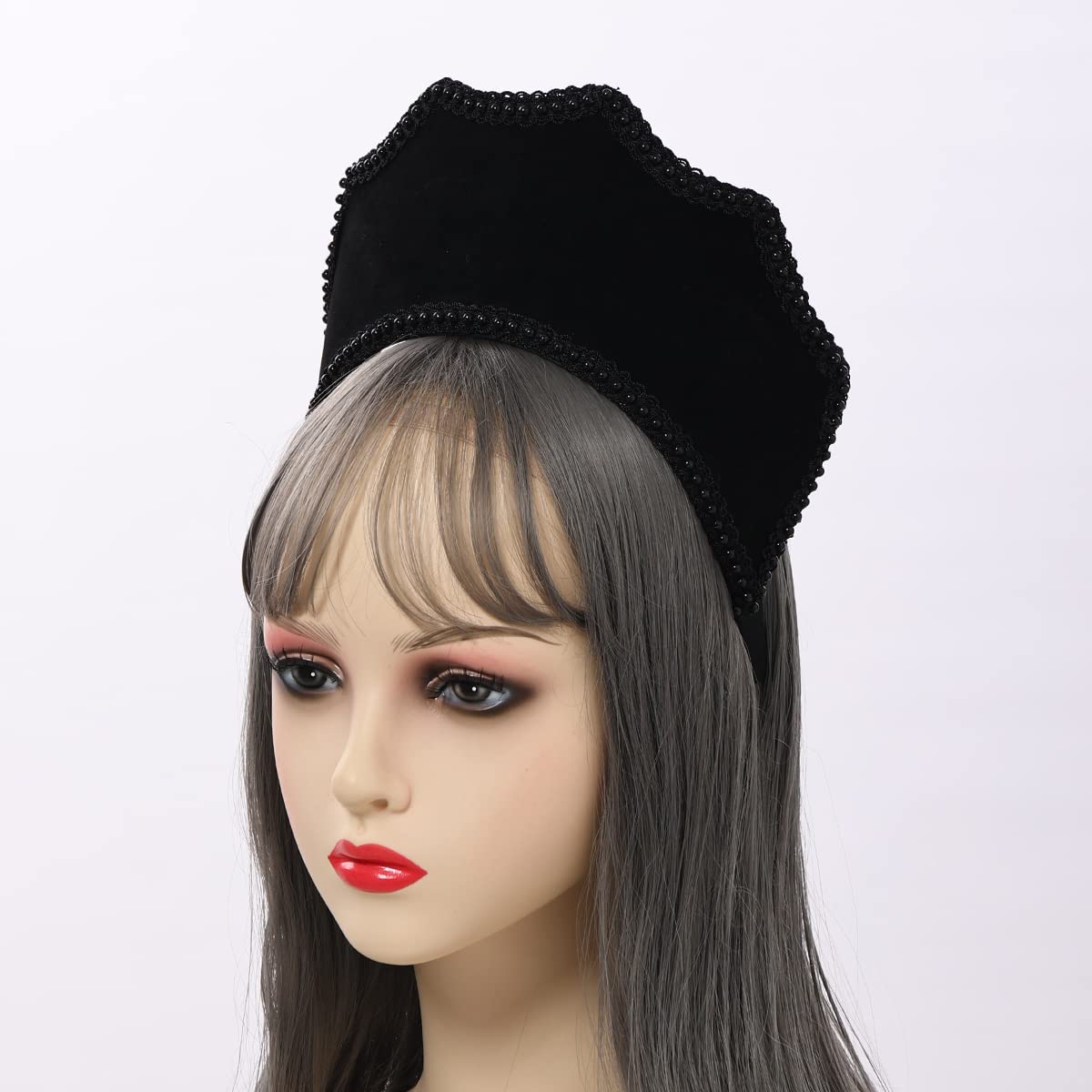 BPURB Renaissance Medieval Tudor Queen Headpiece for Women Anne Boleyn Headband Elizabethan Royal Coronet Hood Tiara Hat (Black-3) - Image 4