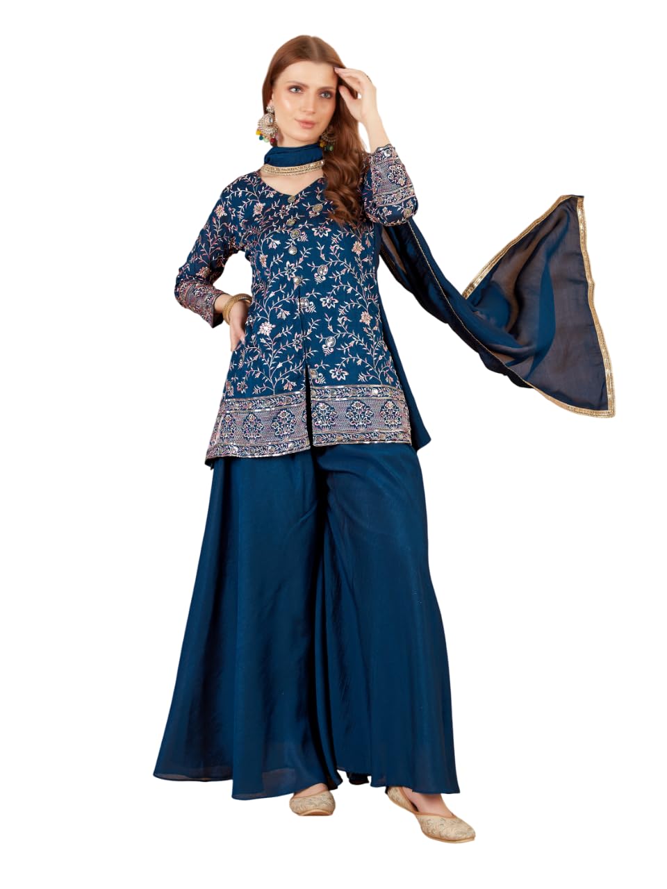 Xomantic Fashion Womens Beautiful Silk Short Kurta Palazzo In Blue With Embroidery And Sequins Work With Show Buttons (In, Alpha, L, Regular, Kerocene)