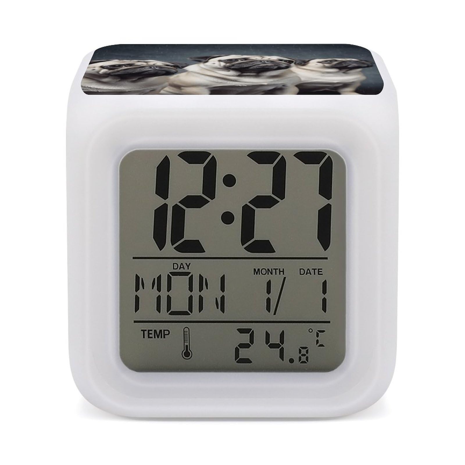 VstaDank Funny Pug Dog Alarm Clocks with 7 Color Changing Night Light Exquisite Bedroom Digital Clocks with LED Temperature Display Desk Clock Ok to Wake Clocks for Heavy Sleeper