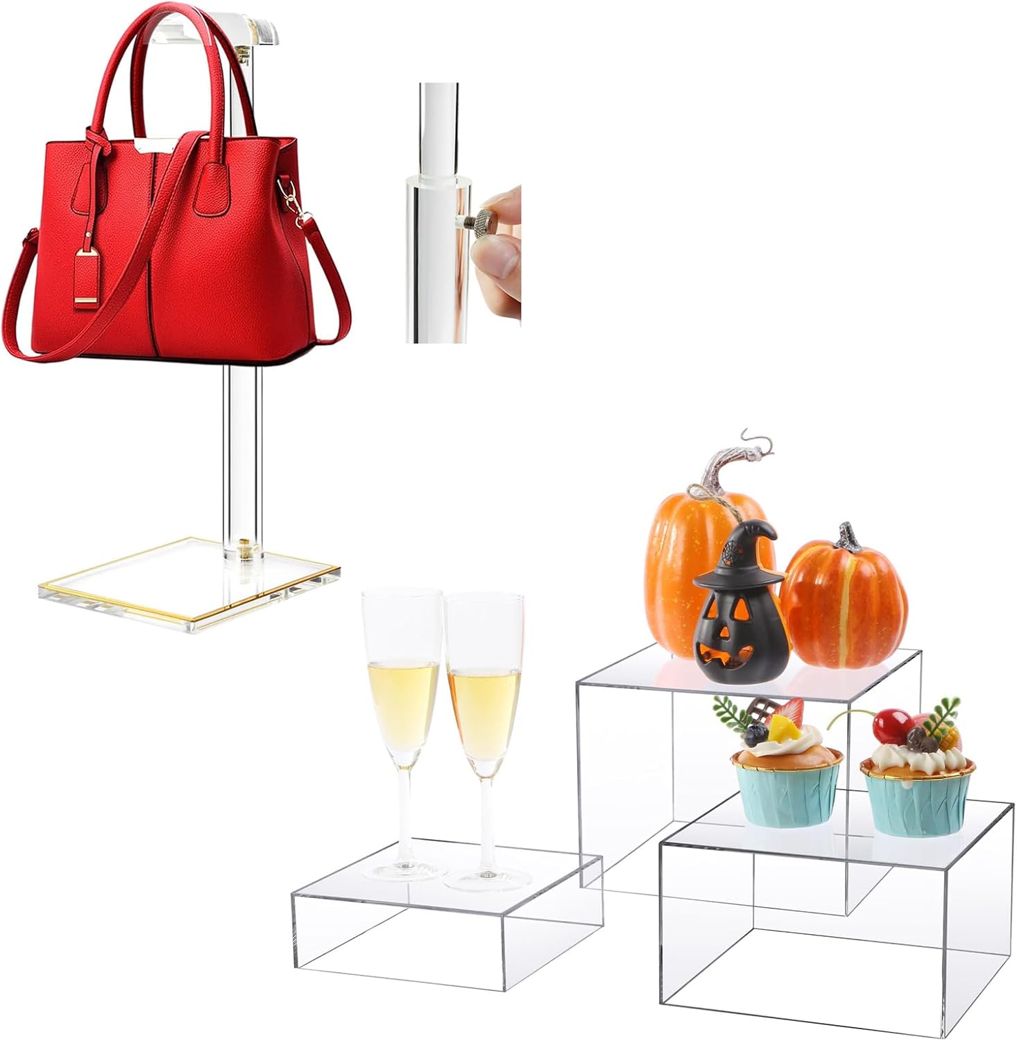 1Pcs 14"-24" Adjustable Height Handbag Holder and 3 Pcs Clear Cube Boxes Display Stand