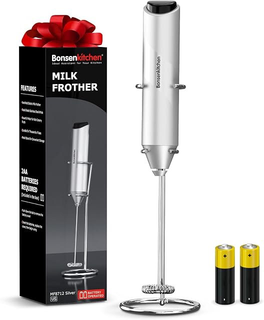 Bonsenkitchen Milk Frother Hanheld with Stand, Battery Operated Coffee Frother, Portable Hand Frother Wand Drink Mixer Perfect for Hot Chocolate, Matcha Lattes, Cappuccino, Kitchen Gifts - Silver