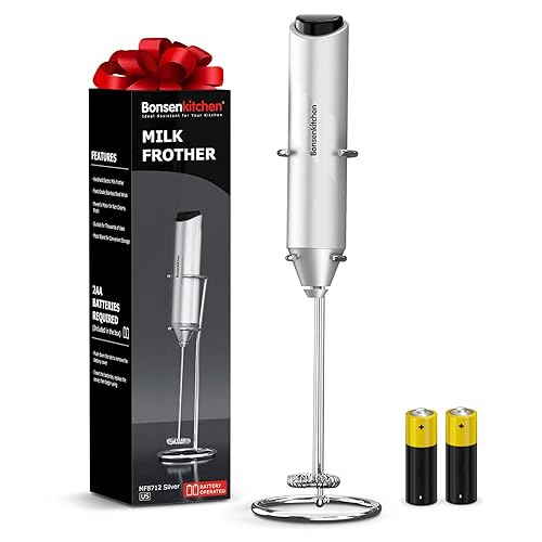 Bonsenkitchen Milk Frother Hanheld with Stand, Electric Coffee Frother, Portable Hand Frother Wand Drink Mixer for Matcha Lattes Cappuccino, Kitchen Gifts (Battery Included)