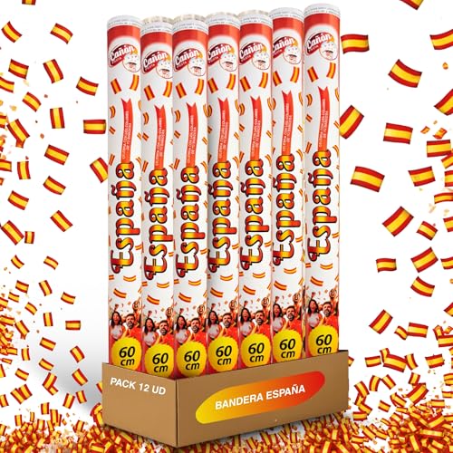 Cañón Confeti Boda, Cañón para fiestas y eventos, Fáciles y Seguros de Usar, Apto para bodas, eventos, celebraciones, Uso interior y Exterior, Diseño Bandera de España, 60 cm, Pack de 12 unidades