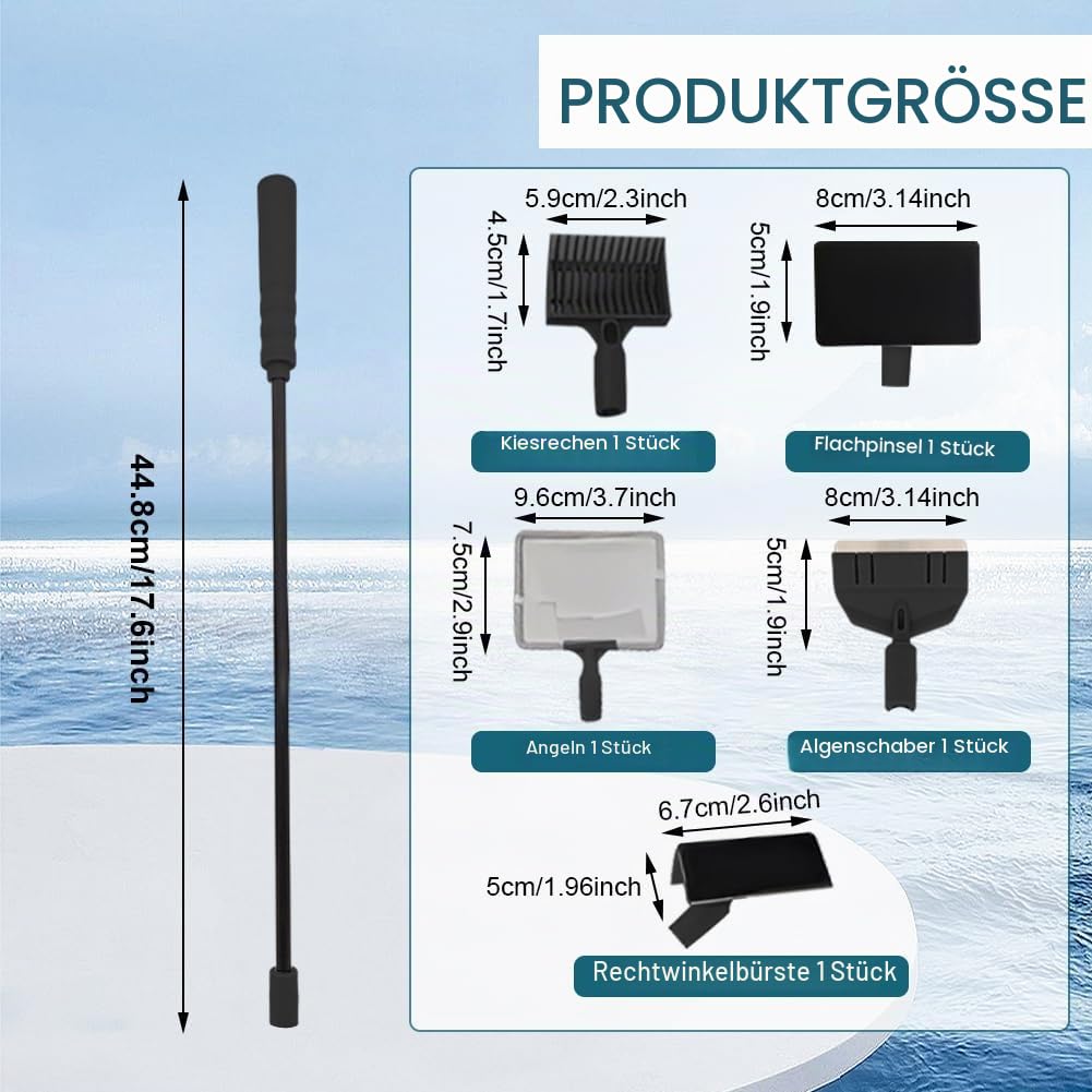 Aquarium Reinigungswerkzeuge, 5-in-1 Reinigungsset mit Scheibenreiniger, Algenschaber, Glasschwamm, Kiesbesen, Netz-Reinigungswerkzeug für Aquarium, Fish Tank Reiniger set für Aquarien & Glasbecken