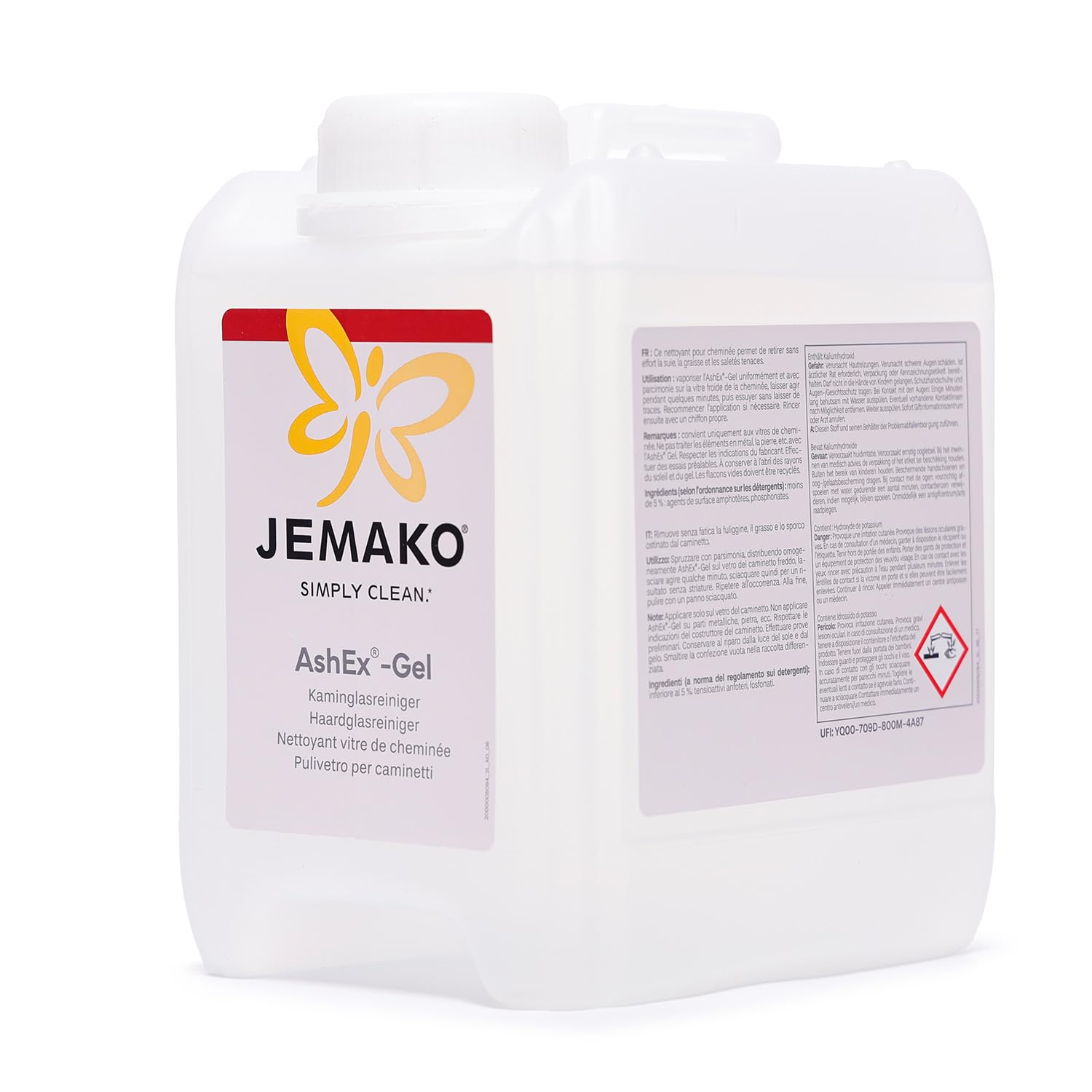 JEMAKO AshEx Kaminglasreiniger Set 2L Spezial-Gel für Ruß & Schmutz, inkl. Profituch & Wäschenetz