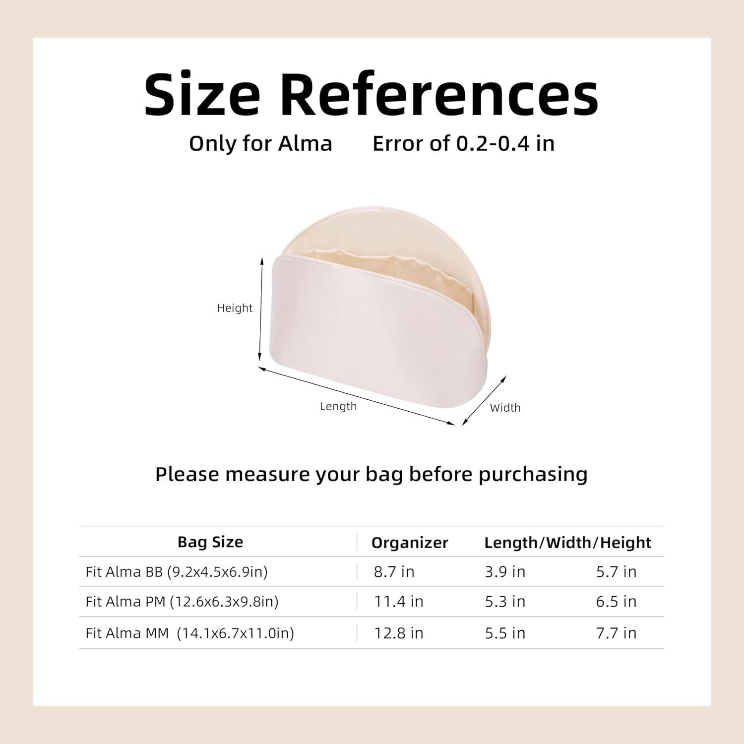 DGAZ Silk Purse Organizer Insert For LV Alma BB/PM/MM bag，Silky Smooth Bag Organizer，Luxury Handbag & Tote Shaper(Craie,BB)