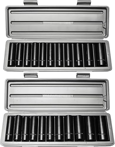 Stark - Juego de llaves de vaso profundo de 12 pulgada métricas y SAE Cr-V de 6 puntos de 0.394in - 0.945in, 38" - 1" con funda de transporte,