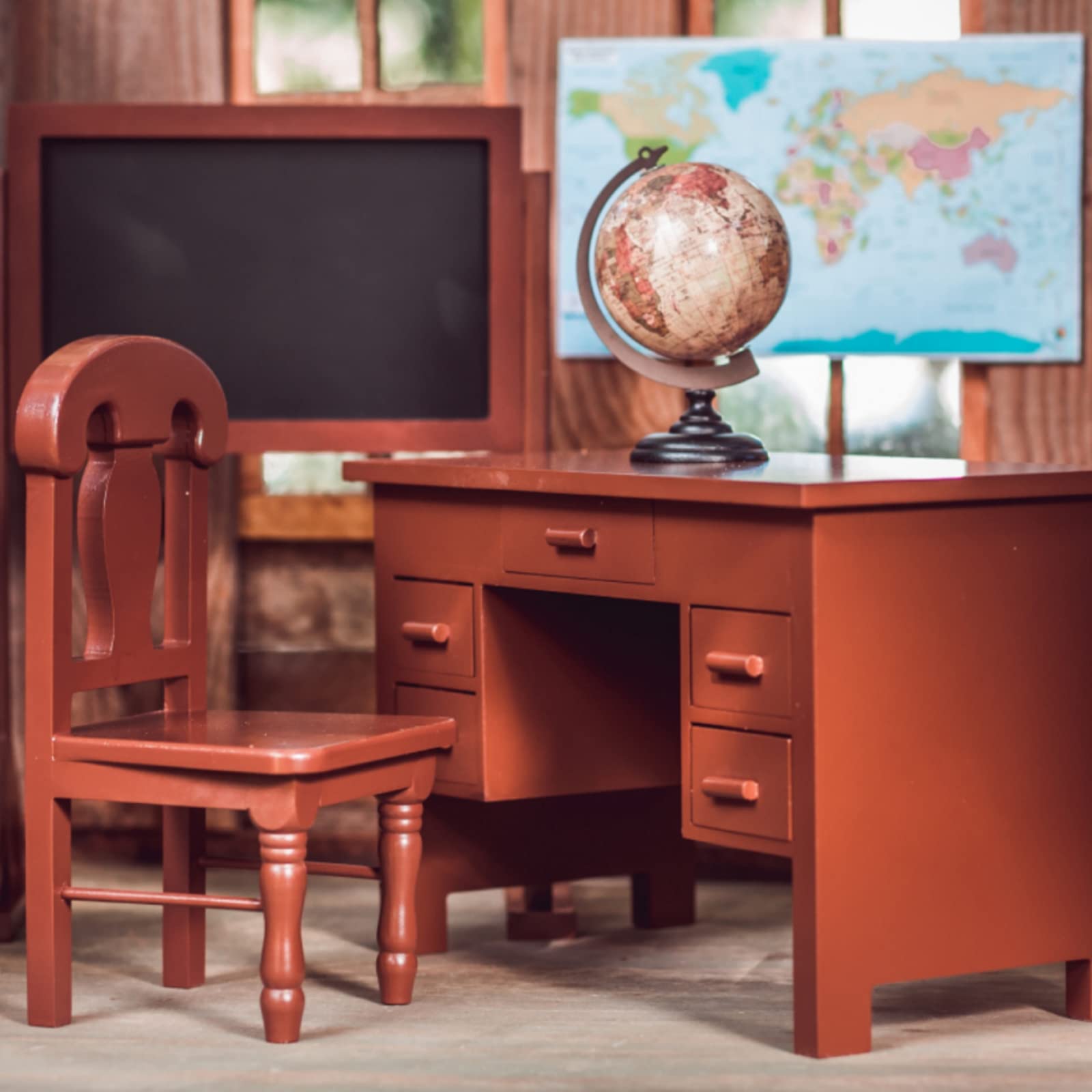 The Queen's Treasures 18 Inch Doll Furniture & Accessories, Vintage Style Wooden School Teachers Desk with Drawers That Open & Close, Globe, and Chalkboard Too! Compatible for Use with American Girl