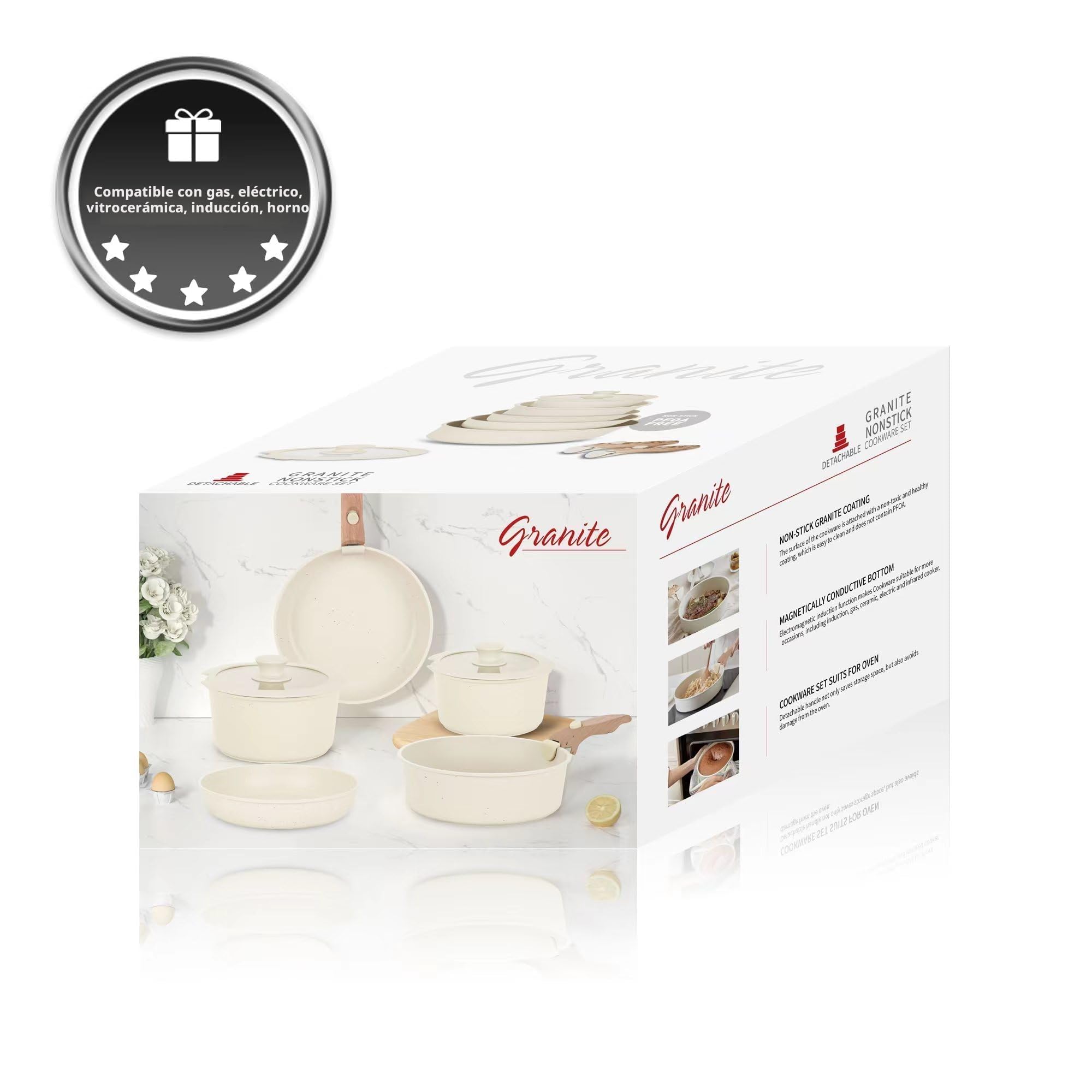 RIOVARM Inducción Juego de ollas y sartenes con asas Desmontables, Apilable Antiadherente Granito Sartenes y ollas con Tapas, Ahorro de espacio, Juegos de sartenes, Sin PFOA, Sartén