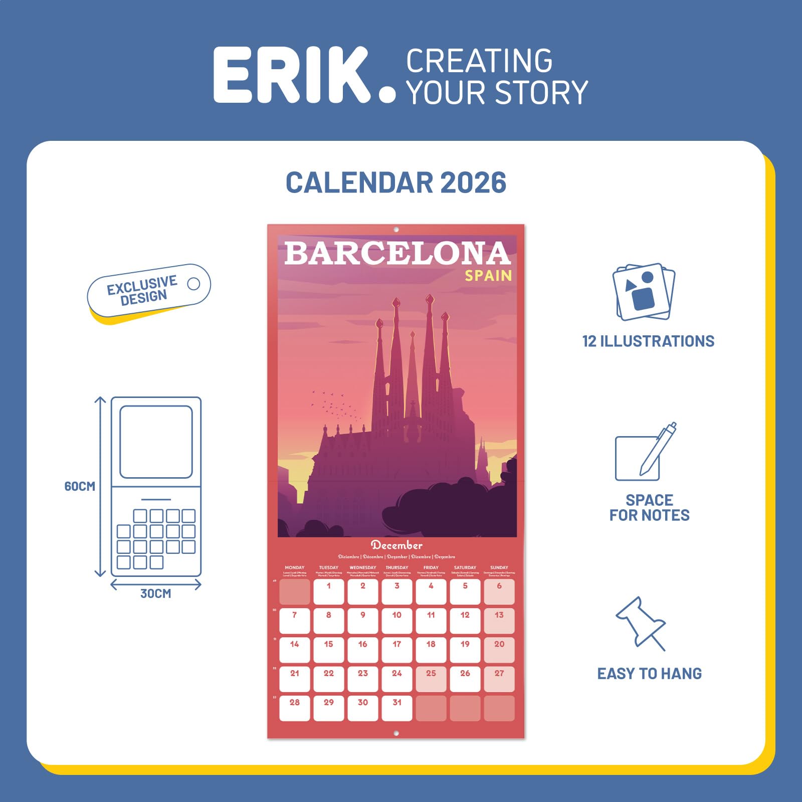 Grupo Erik Wall Calendar 2026 - Travel Calendar 2026 | Square 30 x 30 cm - 12 x 12 inches Wall Planner, Family Planner Month To View | Travel Gifts For Friends