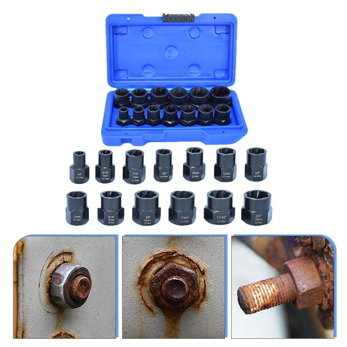 POPETPOP Juego de Extractores de Pernos y Tuercas, Acero Cromomolibdeno y Abs, Negro, Vaso Cuadrado 3/8 Pulgadas, para Tuercas de Rueda y Tornillos Dañados