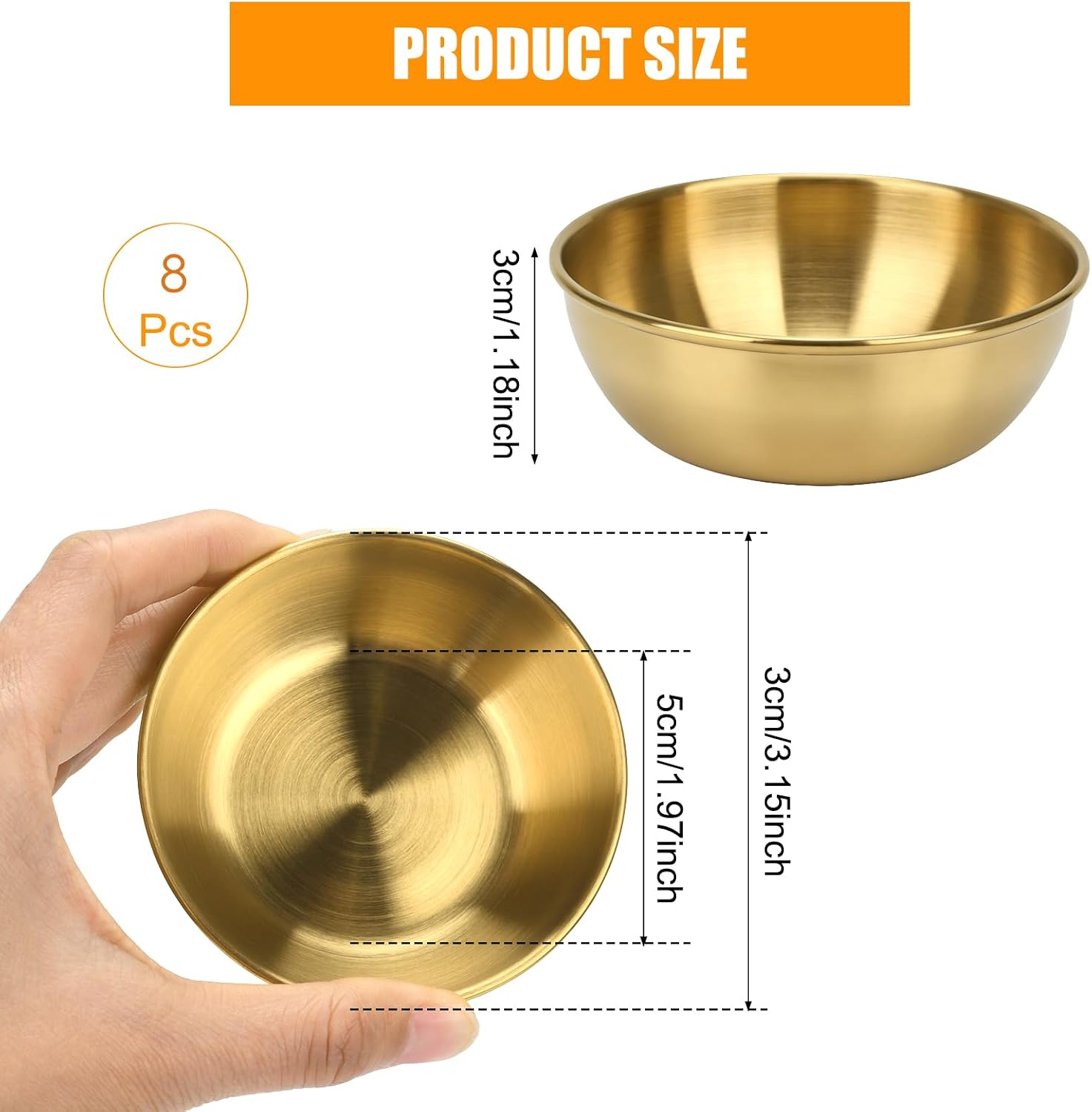 Dip Bowls Set 8pcs, 8 pcs 3.1 inch Stainless Steel Seasoning Dishes, Sushi Dipping Bowl Mini Individual Saucers Bowl (Gold)