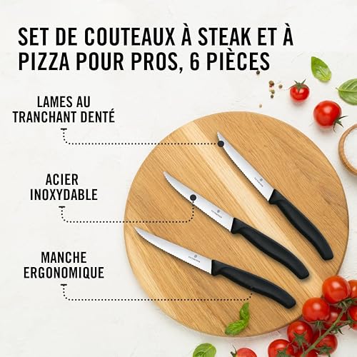 Victorinox Set di Coltelli Bistecca e Pizza Professionali Swiss Classic, 6 Pezzi, Coltelli da Tavola, Lame Affilate Ondulate, 11 cm, Manici in Plastica, Nero - 4