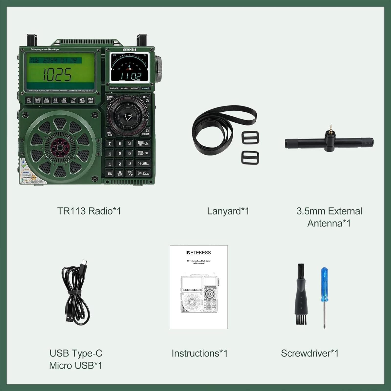 Retekess TR113 Radio de Onda Corta,Air SSB,Radio Portátil Digital,Avanzado Remoto de Aplicaciones,Antena Adicional, Sonido,Recargable,Exterior, Emergencia