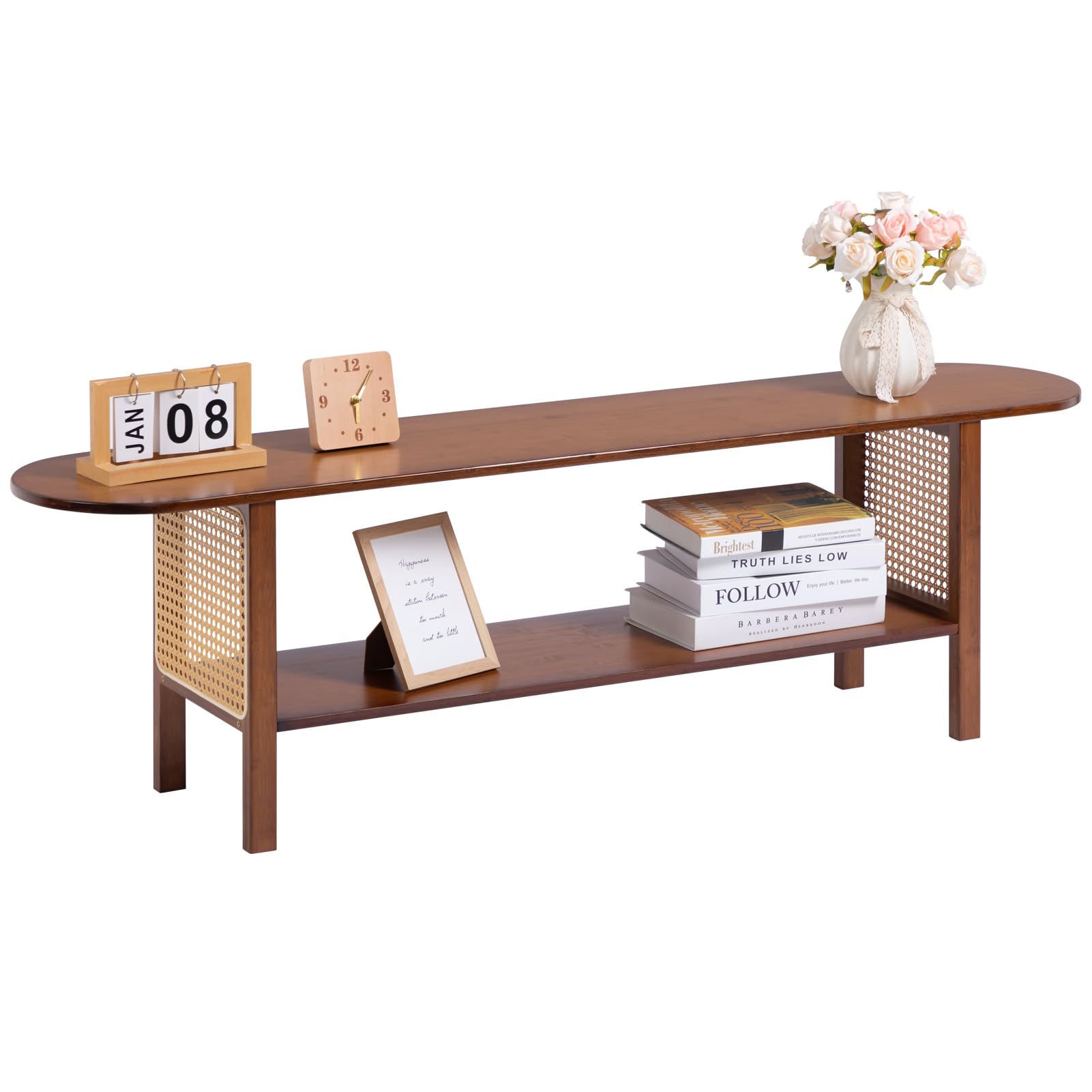 HollyHOME TV Schrank Bambus TV Lowboard Rattan 140cm Fernsehschrank Fernsehtisch TV Bank 2-stöckige TV Tish TV Table für Wohnzimmer Schlafzimmer, Dunkel