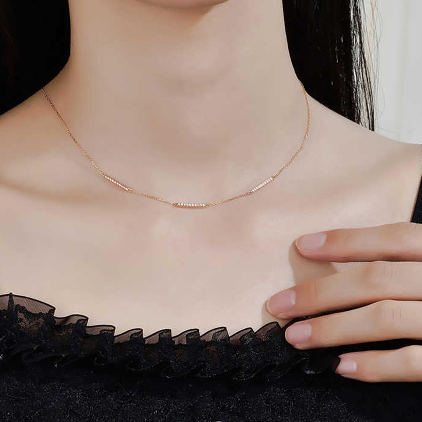 Collares para mujer, collar delicado de oro rosa de 9 quilates, 14 quilates y 18 quilates con diamantes de 0,16 quilates