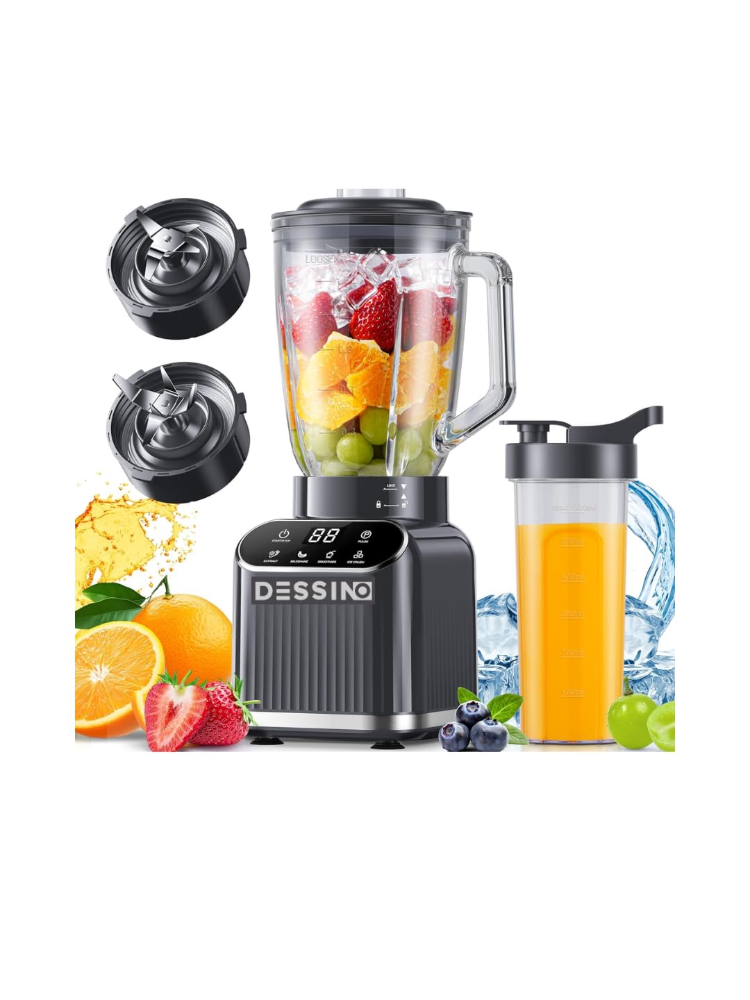 Touchscreen Batidora de vaso cristal de 1200 W de potencia max., Jarra de 1,5 L, 6 cuchillas de acero-inoxidable,4 funciones para triturar hielo y frutas congeladas, vaso portátil de 710 ml