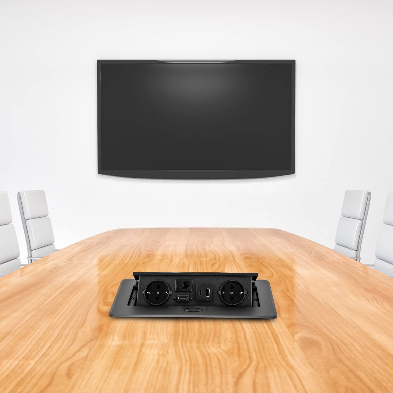 Prise encastrable - Prise de table - Prise de table - Prise cachée - Plateau de table - Boîte de sol pop-up avec 2 chargeurs LAN HDMI EU et USB type 5 V 3 A - CA 250 V 16 A (noir)