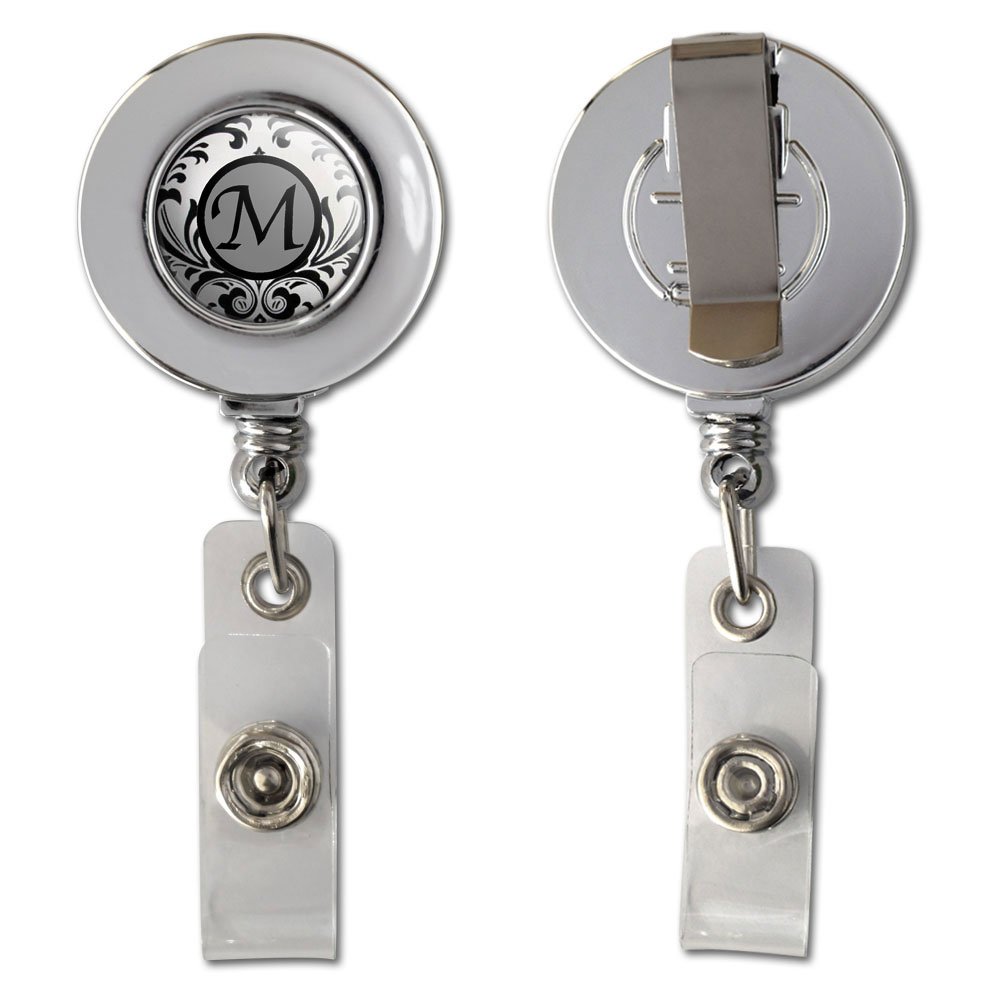 Letter M Formal Fancy Retractable Reel Chrome Badge ID Card Holder Clip