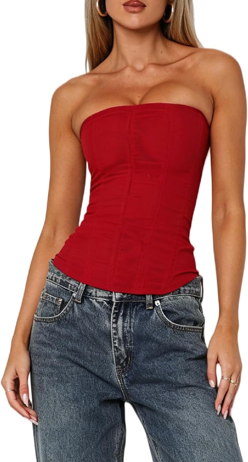 UAURORAO Women Mesh Renaissance Corset Top Strapless Back Zip Up Boned Bustier Tops Y2k Going Out Tube Bandeau Tops