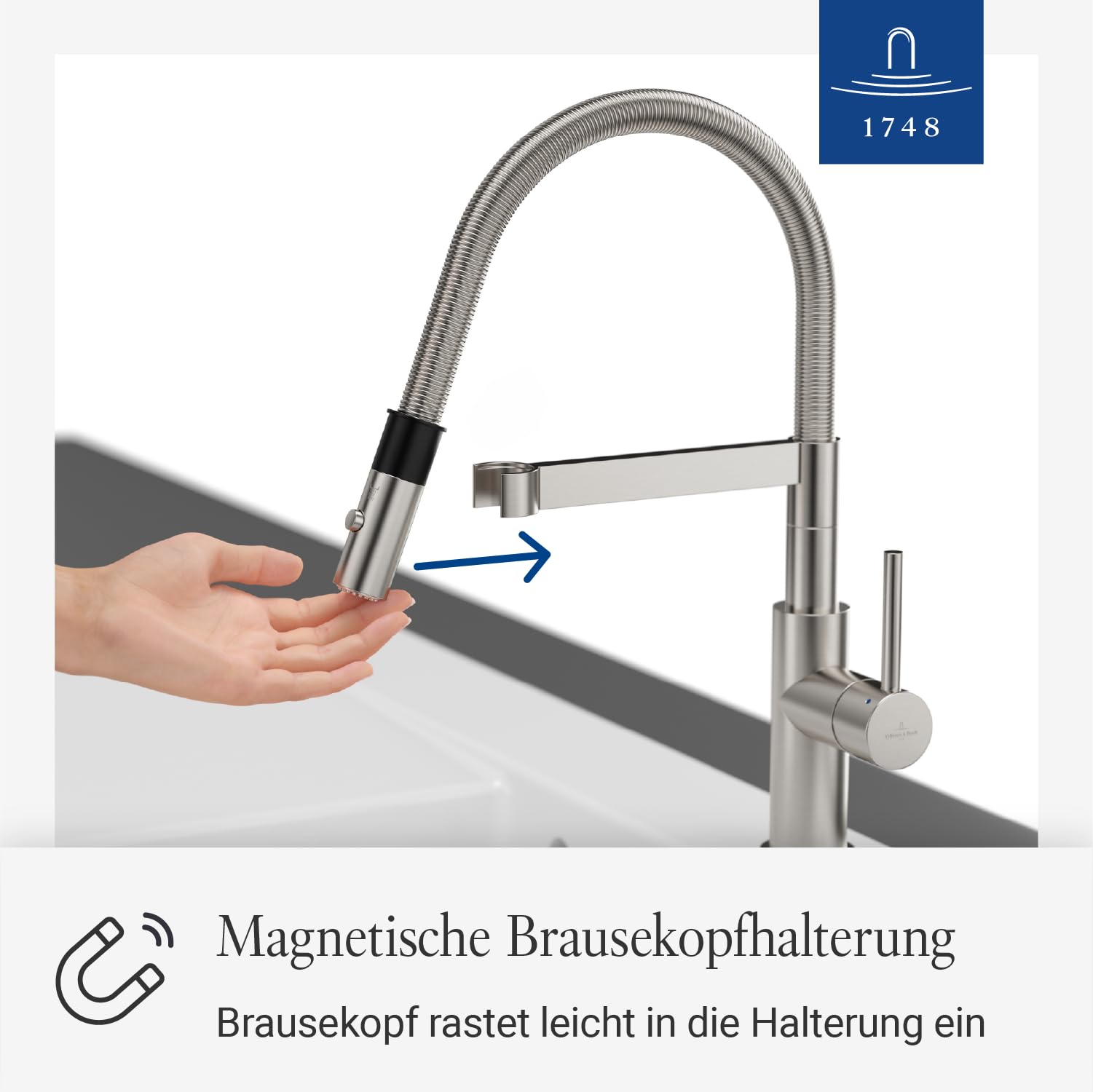 Villeroy & Boch Steel Expert Compact Küchenarmatur, Höhe 143 mm – Edelstahl | Umschaltfunktion, 360° schwenkbarer Auslauf mit Spiralfeder, Laminarstrahl, Hochdruck, 927300LC