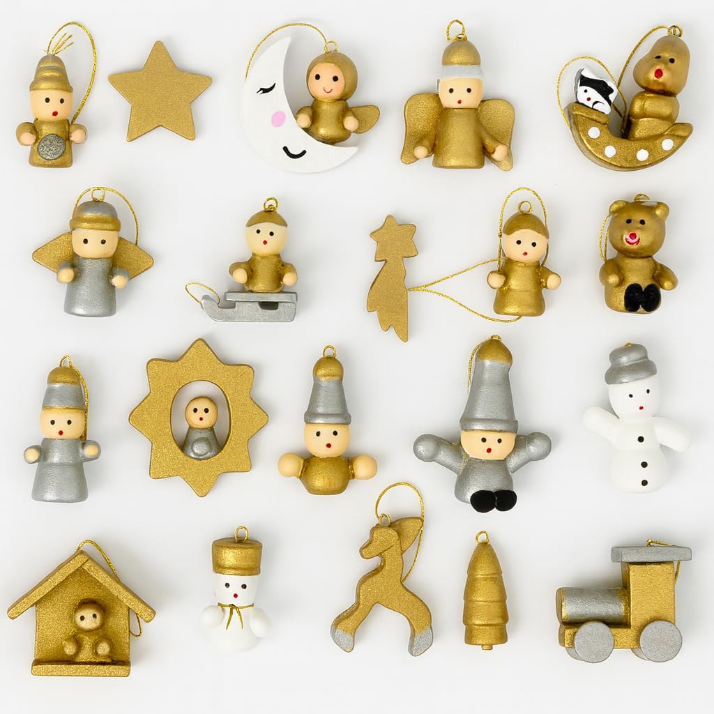 Set of 20 Wooden Christmas Tree Decorations – Hand Painted Hanging Ornaments with Nativity Figures, Angels, Snowmen & Stars – Traditional Handmade Festive Baubles for Tree, Garlands & Displays