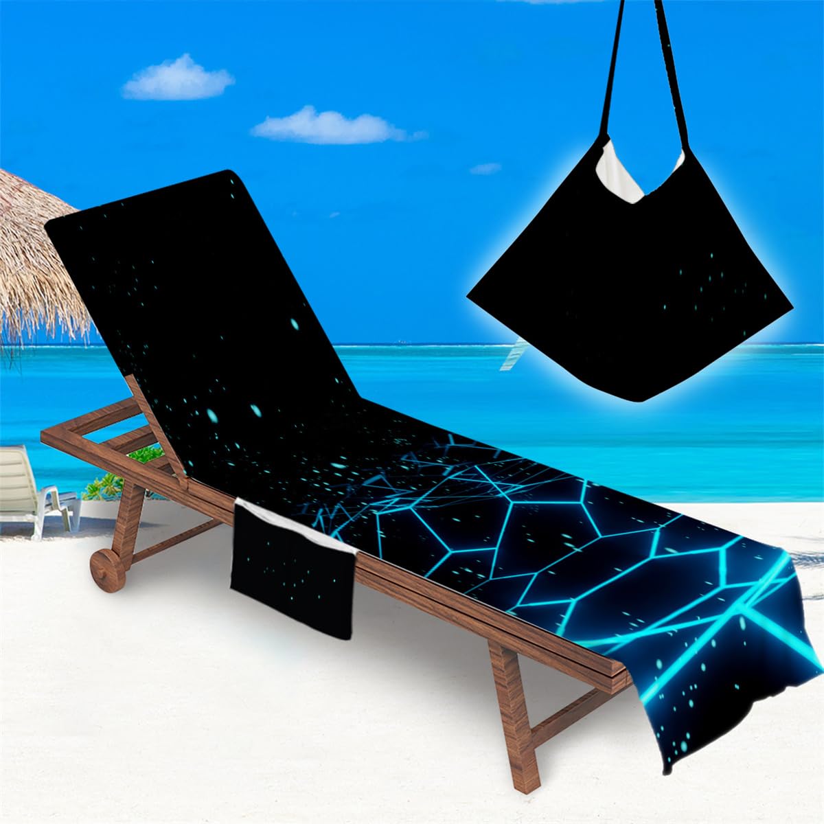 Treer Beach Chair Cover Towel, Art Space Print Beach Towel, Portable Beach Sunbed Towels, Sun Lounger Towels with Pockets, Microfiber Towel for Beach Garden Vacation (Black Blue,75x210cm)