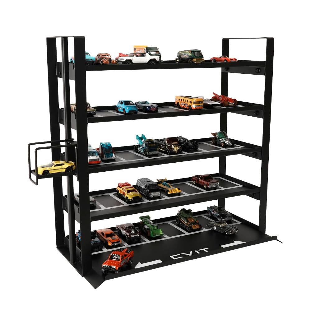 J JACKCUBE DESIGN Hot Wheels & Matchbox Display Case - 5-Tier Steel Toy Car Storage Organizer with Elevator System, Holds 40-60 1/64 Scale Diecast Cars - MK952A