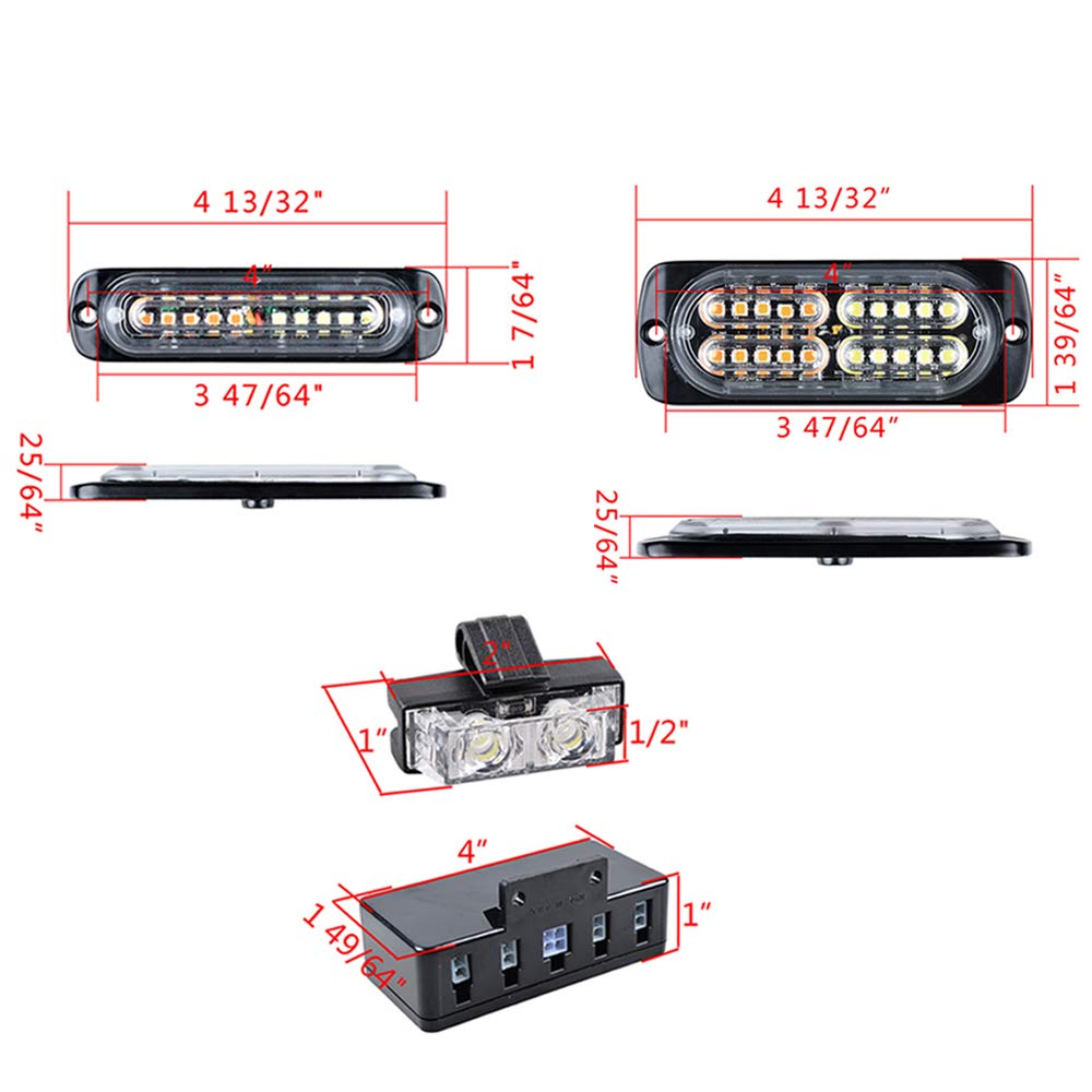 Astra Depot Set Amber White (8X 10-LED and 8X 20-LED) with Combo 8pcs White 8pcs Amber 2-LED Flashing Strobe Lights Bar Emergency Warning Caution Hazard