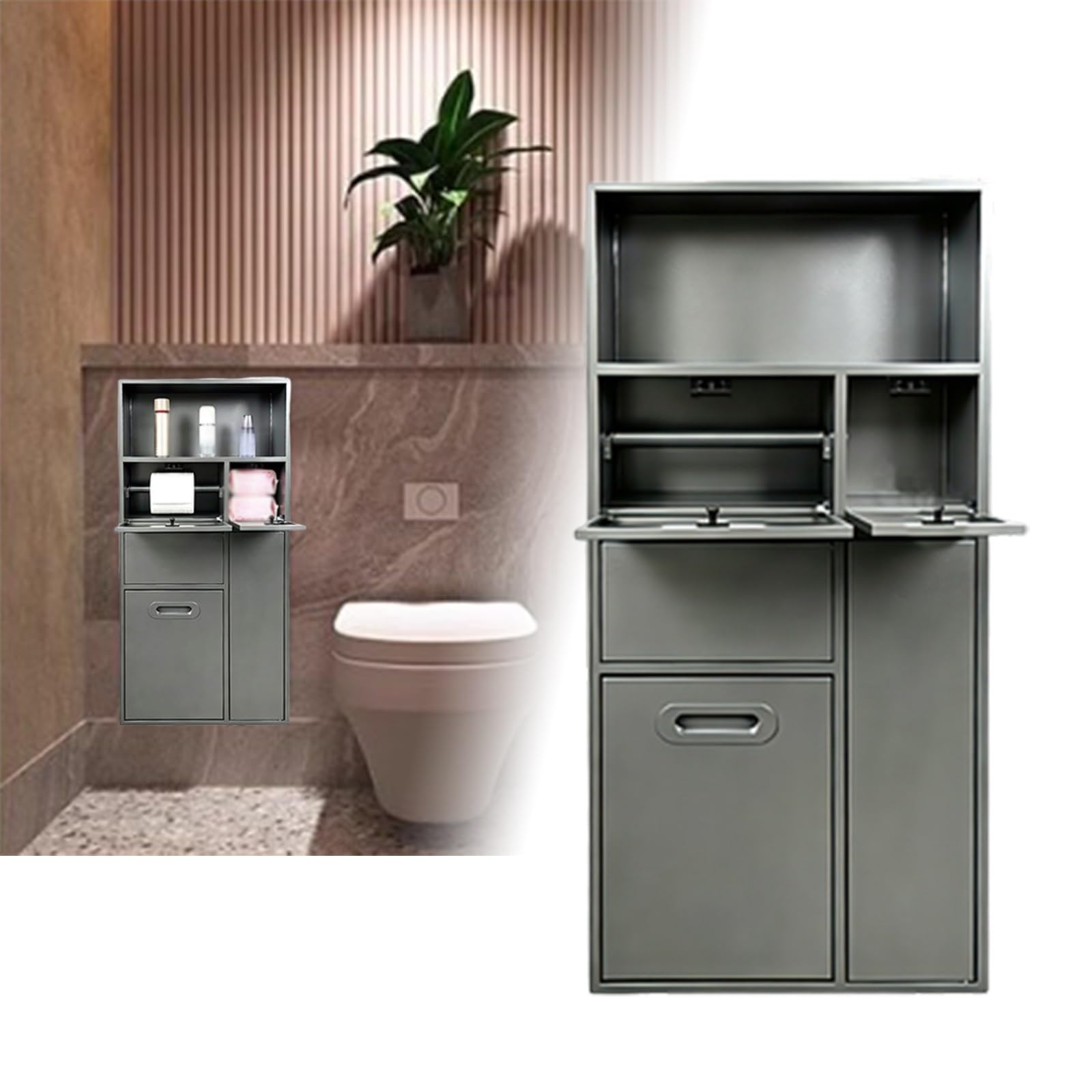 Recessed Wall Niche Tilt Out Trash Bin Cabinet, Stainless Steel In‑Wall Hidden Storage Alcove with Toilet Paper Holder, Toiletries Rack & Toilet Brush Cabinet for Residential Hotel Use(Gray)