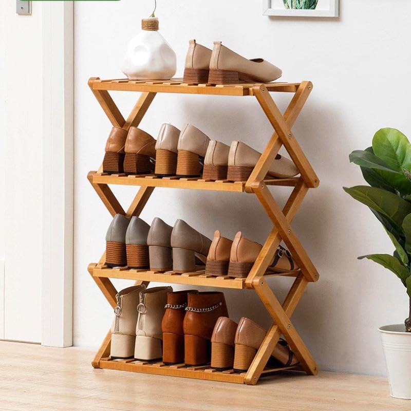 Gelory Bamboo Folding Shoe Rack, Portable Wooden Small Shoe Storage Rack