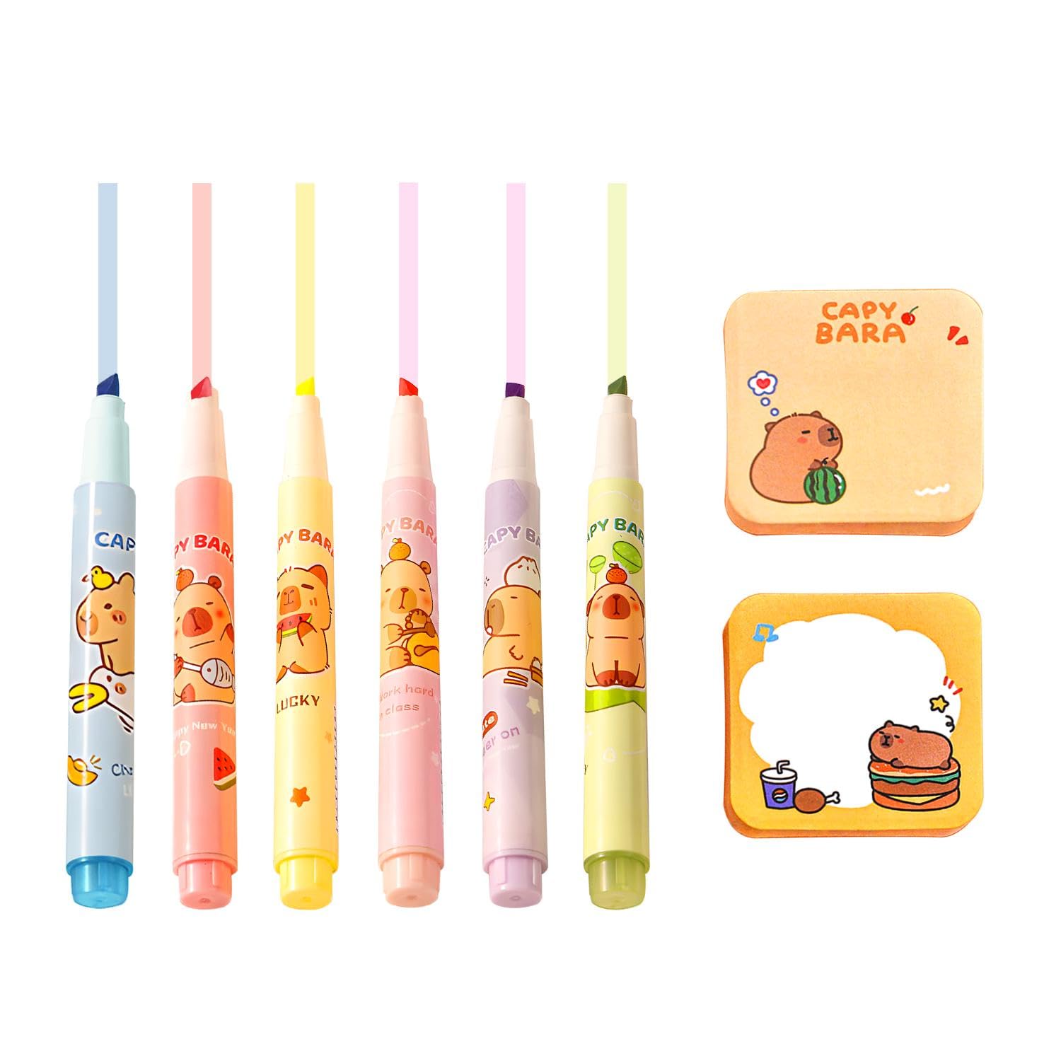 XMNIVATE 12 Cute Capybara Highlighters, 1 Piece Of Cartoon Capybara Sticky Notes, Content Classification Marker Pen, Self-Adhesive Message Notes, Campus Stationery.
