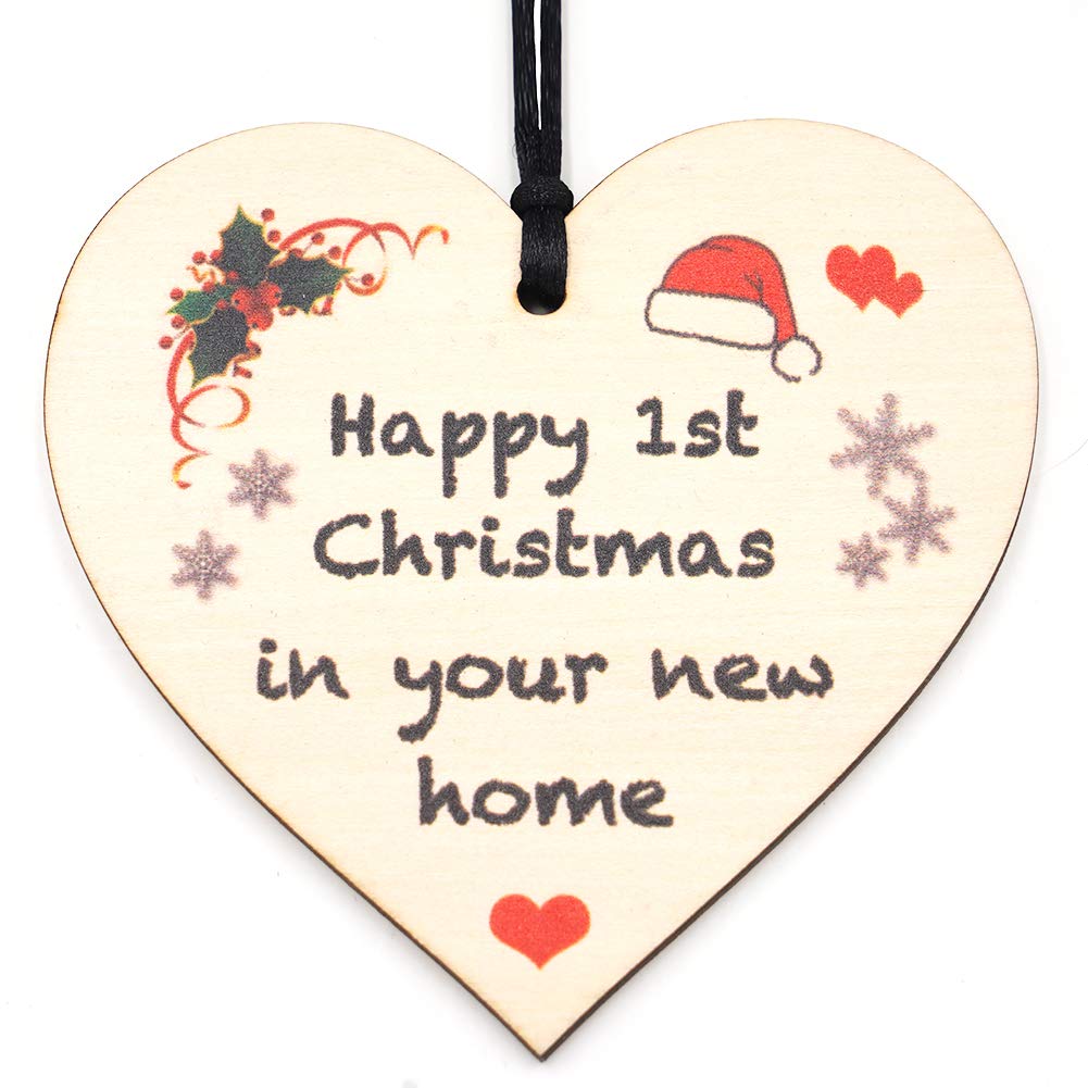 Honzee Yellow Happy 1St Christmas In New Home Heart Plaque, Rustic Wooden Christmas Ornament, Housewarming Gift For Friends