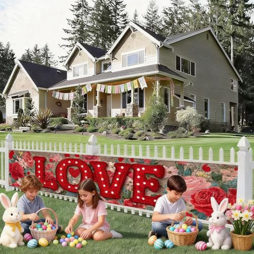 Image of Valentine Banner 78.74 x 17.72 Inch Red LOVE Lettering with Floral Background Romantic Roses and Heart Elements Ideal for Porch Sign Hanging Decoration for Valentine Party Decor