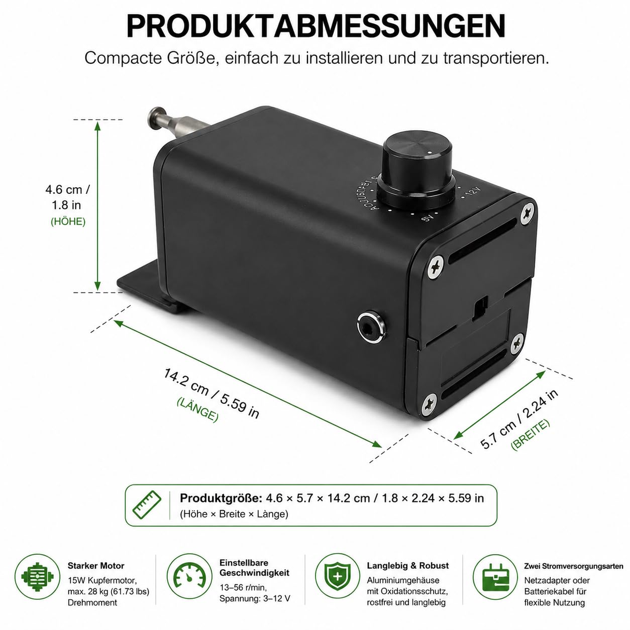 Elektrischer Rotisserie Motor 15W, Grillmotor mit Einstellbarer Geschwindigkeit 13–56 U/min, Drehspieß Motor 3–12V aus Aluminium, BBQ Motor mit Adapter & Autobatteriekabel für Grillspieß, Camping