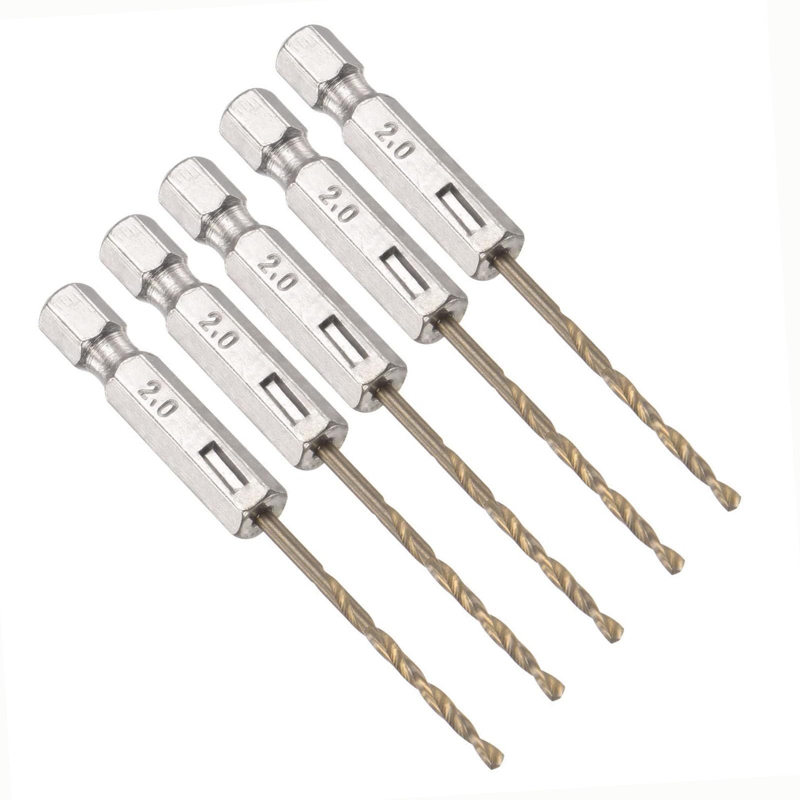 TOP-VIGOR 5Pcs 2mm HSS Hex Shank Twist Drill Bits, High Speed Steel Drill Bit Set 1/4 Inch Shank