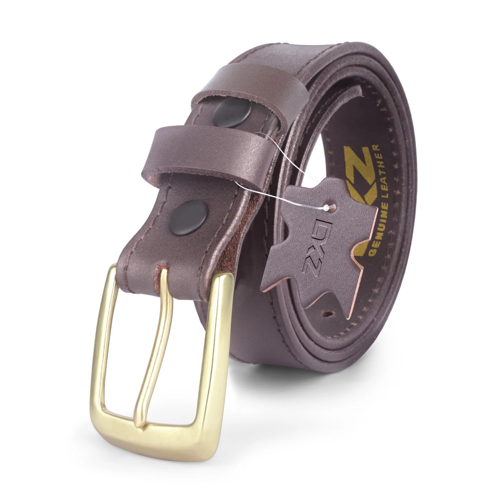 Daskz Leathers Men’s Genuine Leather Stitched Belt with Heavy Duty Solid Brass Buckle #1 – Black & Brown Waist Belt, Sizes 30”–72” (Brown without Box, 54-56)