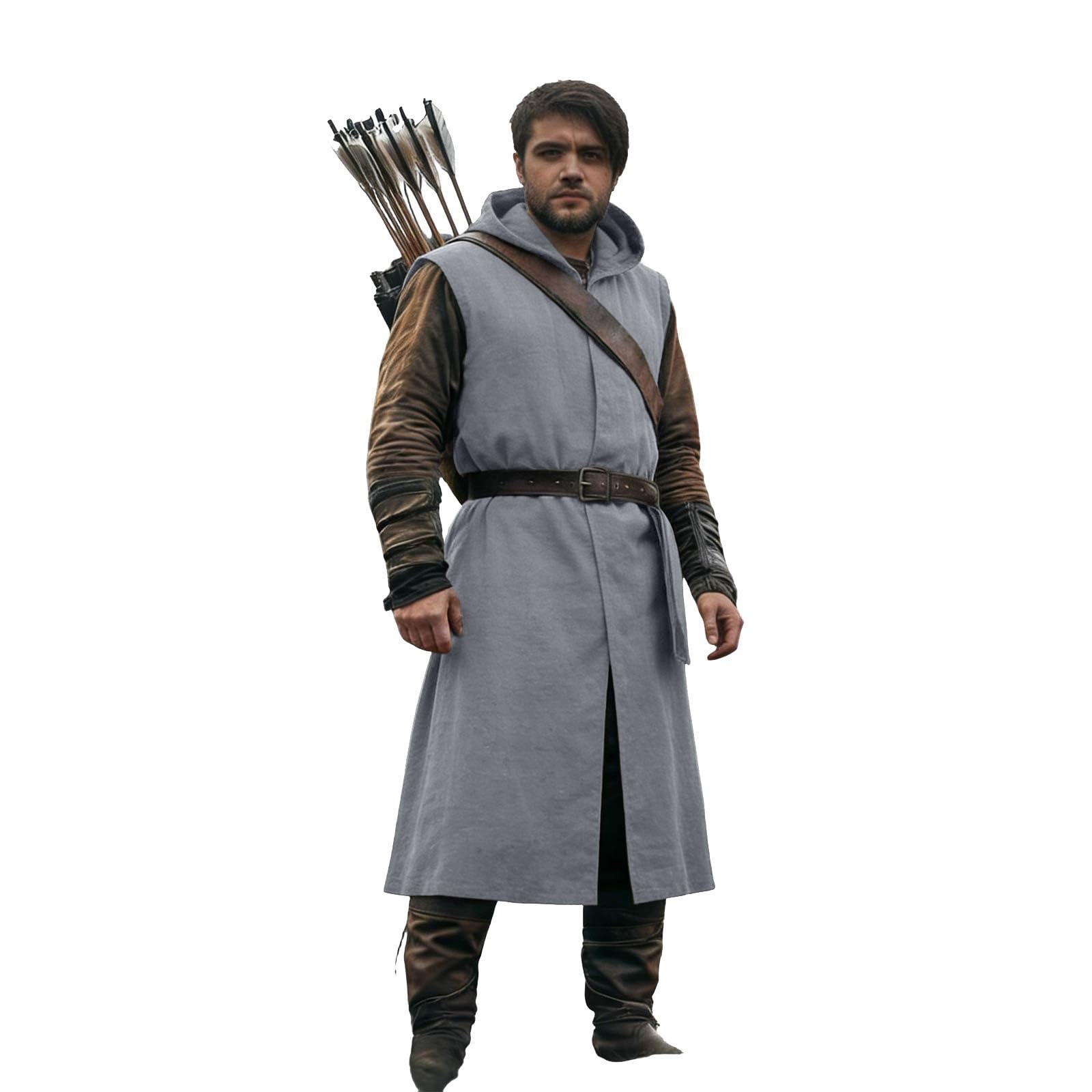 WWricotta Men's LARP Hooded Tabard – Sleeveless Tunic, Medieval Costume, Cosplay Cloak, Fantasy Ren Faire, Sizes M-3XL Grey