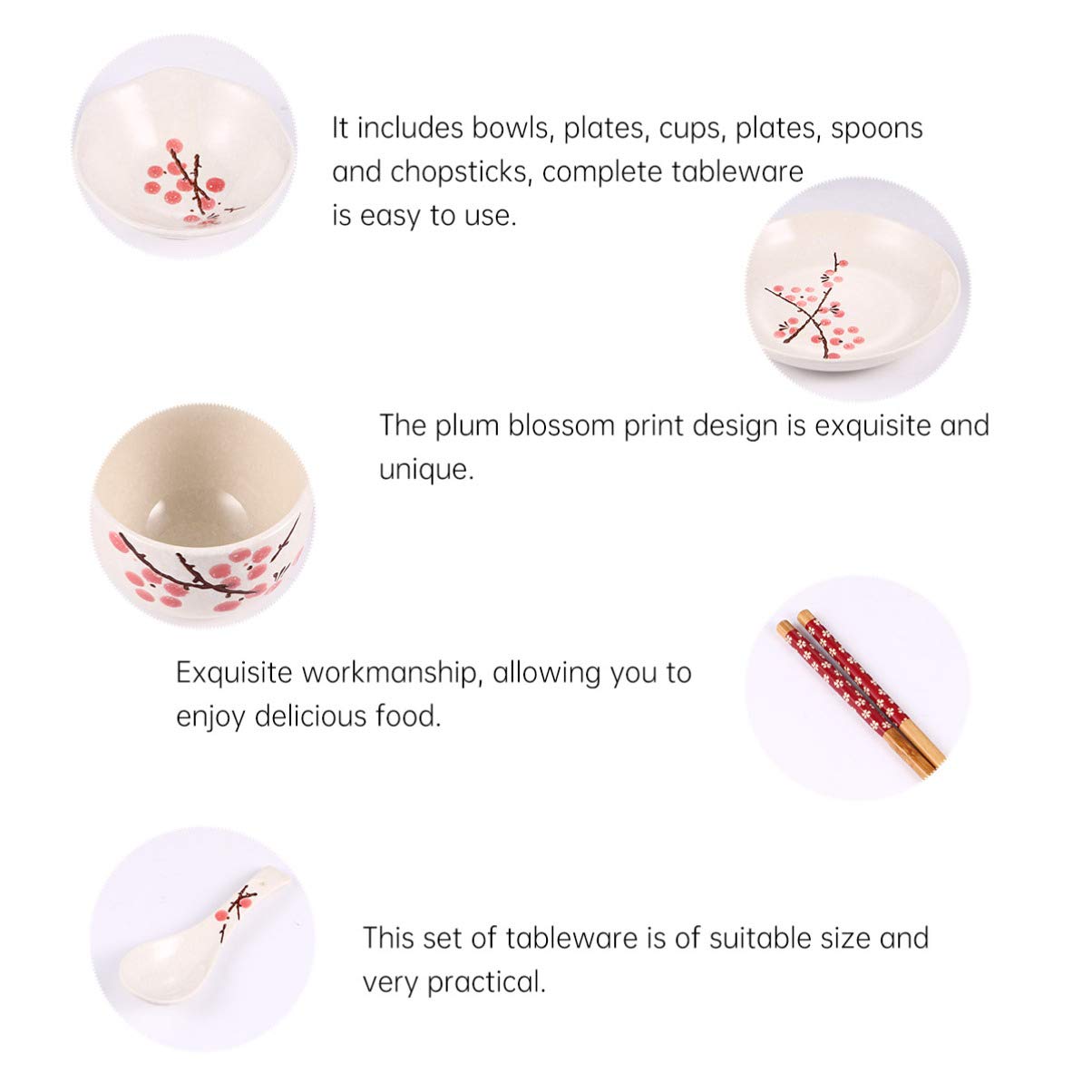 Générique Service de Table Japonais 6 pièces en céramique, Assiette, Bol, Tasse, cuillère, Baguettes, Bols à céréales et Nouilles