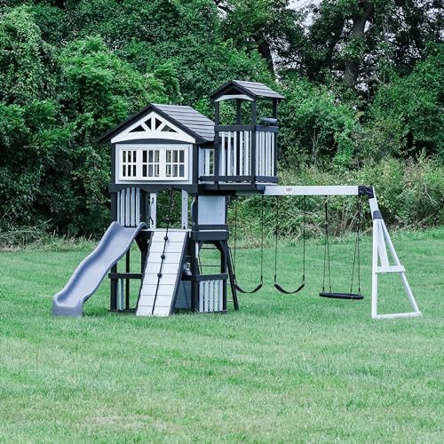 Backyard Discovery Whispering Point Light Gray Cedar Wood Swing Set with Wave Slide, Clubhouse, Crows Nest, Play Kitchen, Belt Swings, Web Swing, Rock Wall, Playhouse, Ladder, Windows, Outdoor Playset - image 2