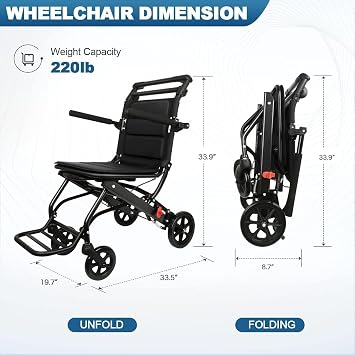 Ultralight Transport Wheelchair - Portable Folding Transport Travel Chair with Hand Brakes and Adjustable Armrests, Aluminum Alloy Mini Wheelchairs Trolleys for Adults and Seniors, Up to 220Lbs